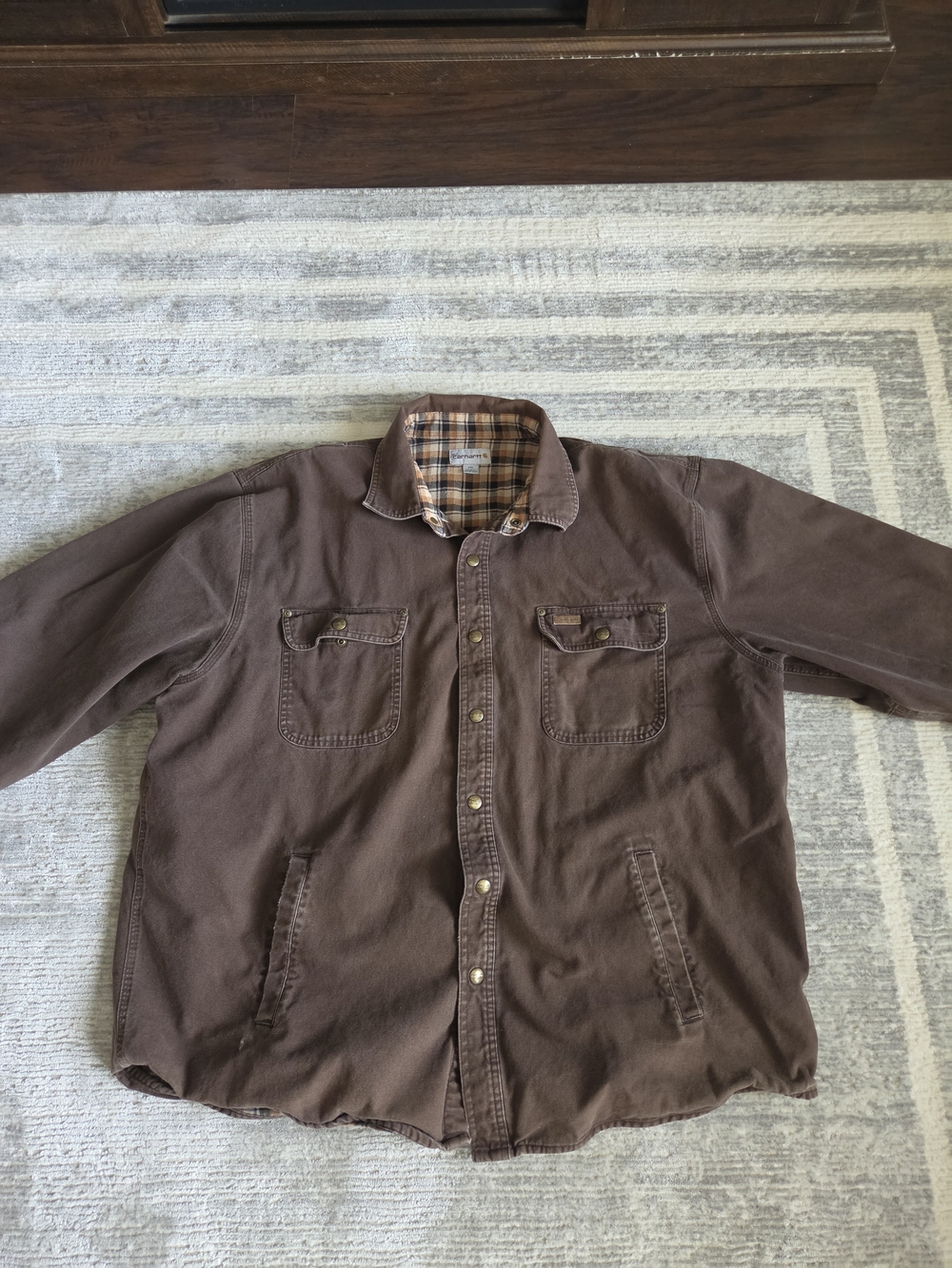 Carhartt Jacket Mens Brown Canvas Flannel Lined Shirt Jac Shacket Snap Up